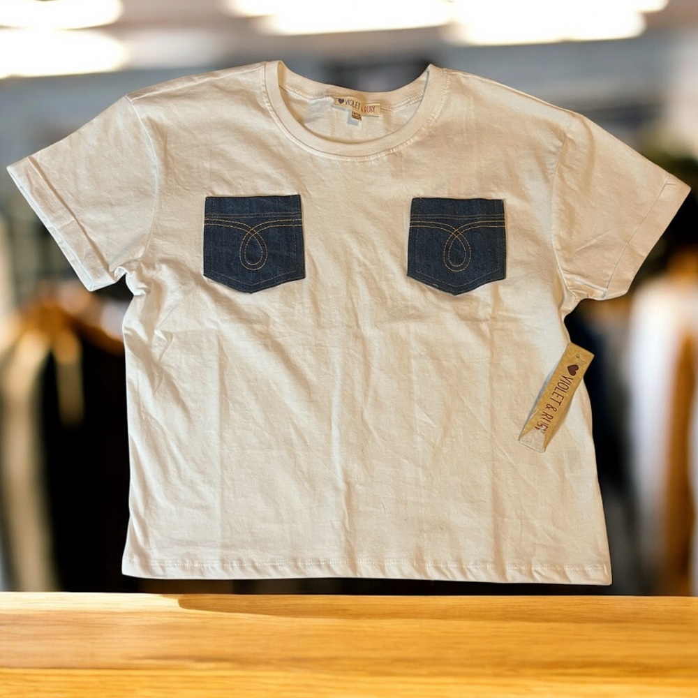 Girls White T-Shirt with Denim Pockets NWT